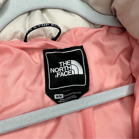 The North Face 550 Down Faux Fur Trim Hood Long Puffer Jacket Pink & Light Gray - Picture 10 of 12